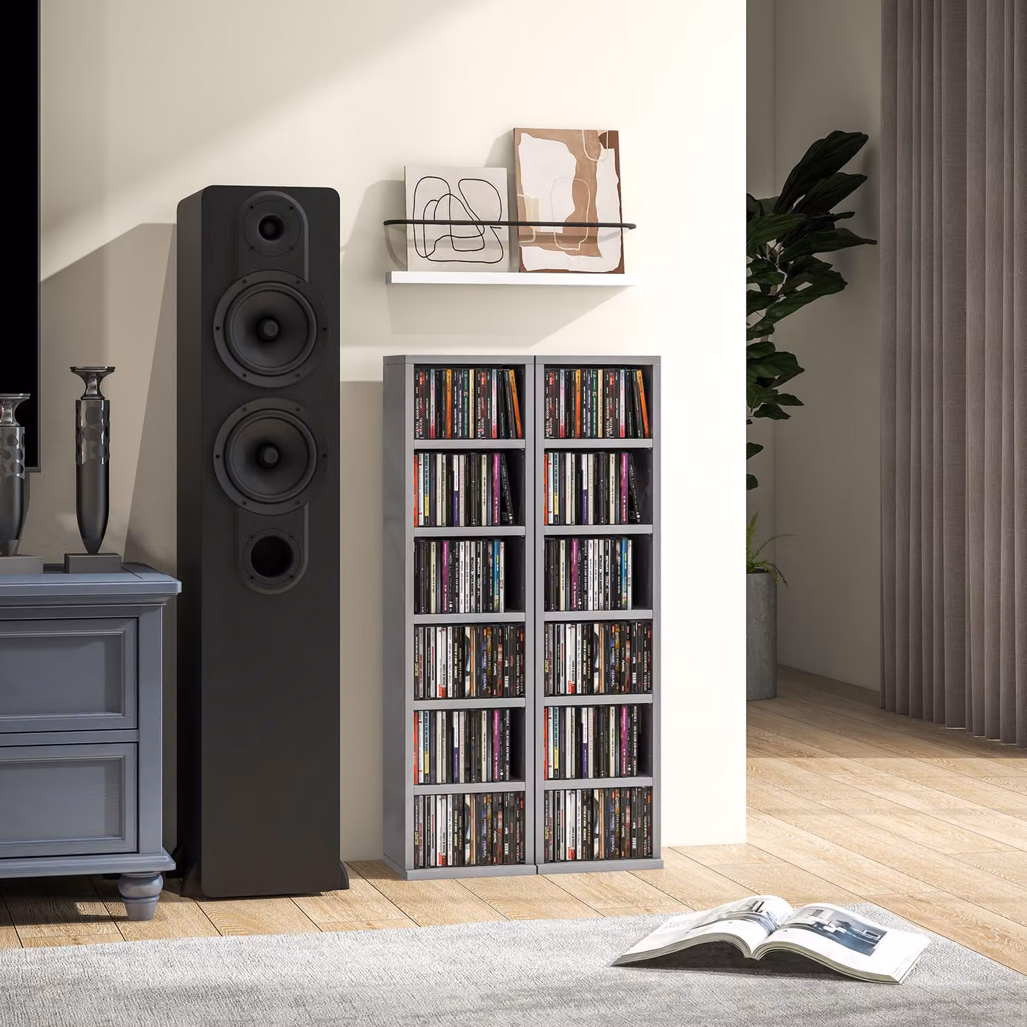 HOMCOM Set of 2 High Gloss Grey CD Media Display Tower Racks with Adjustable Shelves – 2