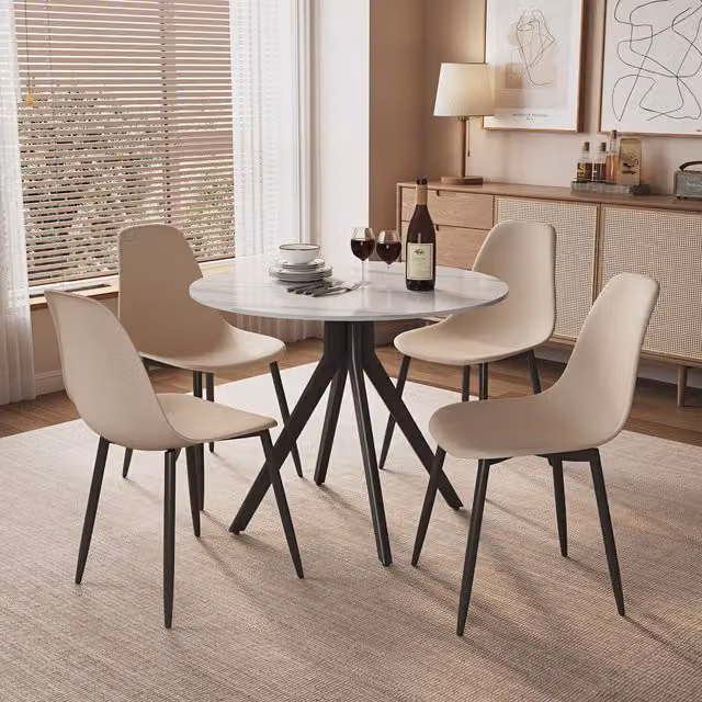 Calico ASTB4-WHSSset10 Modern Round Ceramic Dining Table and Chairs Set in White, Blue and Beige