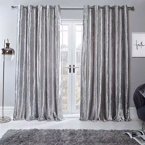 Sienna Dreamscene Pair of Silver Crushed Velvet Eyelet Curtains, Thermal Insulated and Blackout, Width: 116 cm, Height: 228.6 cm