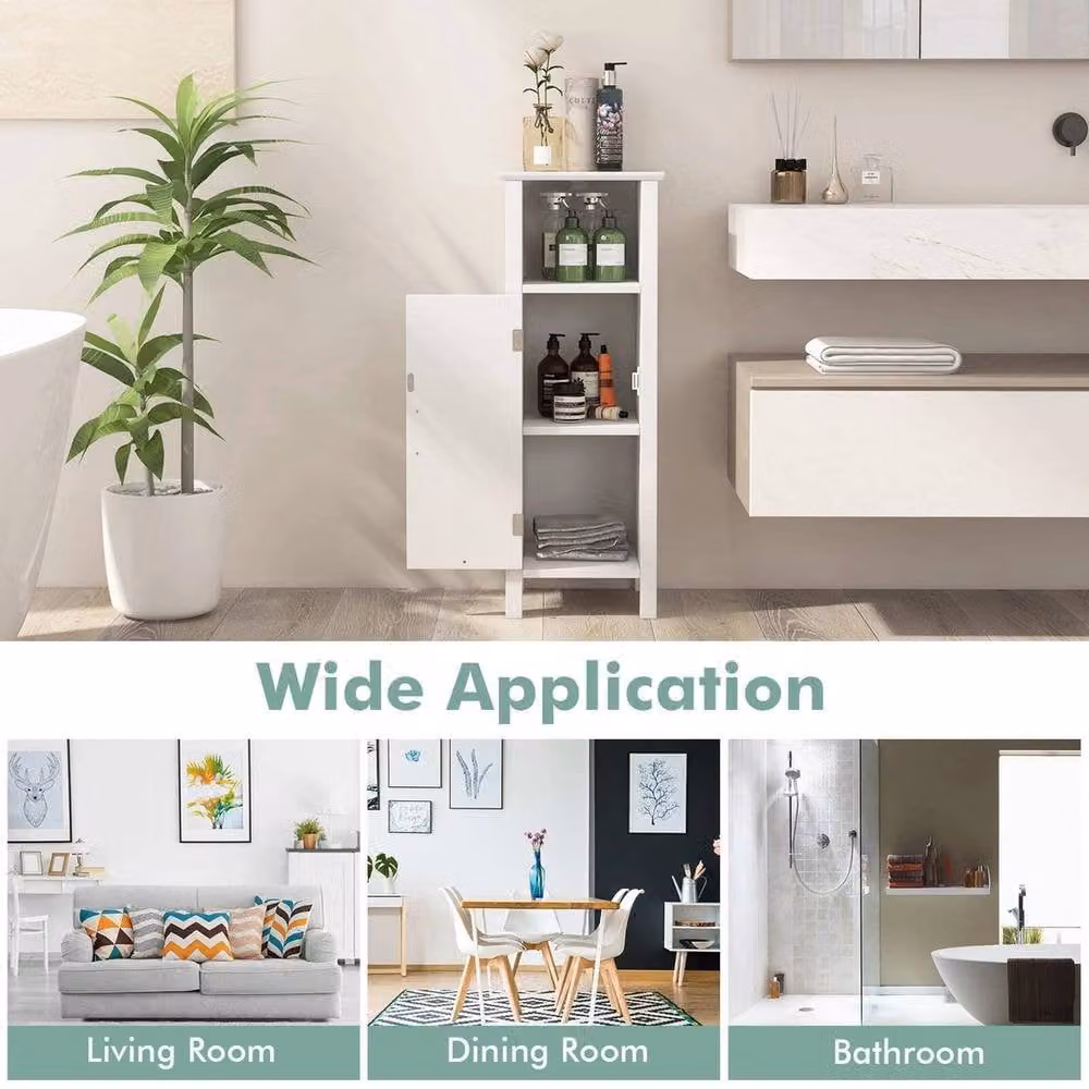 VOGREX Freestanding Narrow Bathroom Floor Storage Cabinet in White with Hinged Doors and Open Shelf – 2