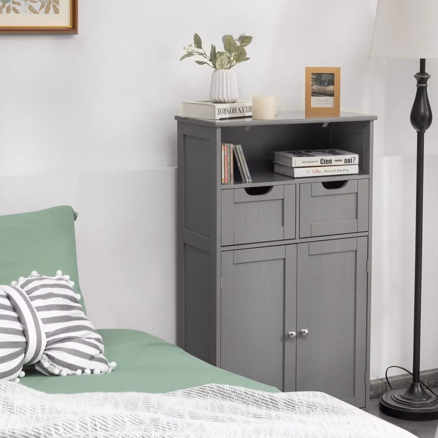 Costway Grey Wooden Freestanding Cupboard Cabinet with Internal Shelves and Drawers for Bathroom, Bedroom, Living Room or Kitchen – 3