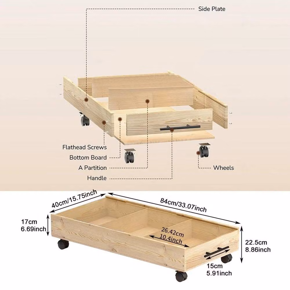 EONLION Brown Wooden Under Bed Storage Drawer Organizer, W/D/H: 50 x 40 x 22.5 cm – 2