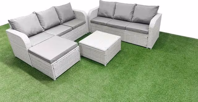 Fimous 7 Seater Rattan Garden Furniture Set in Light Grey with High Back Sofa, Coffee Table and Ottoman