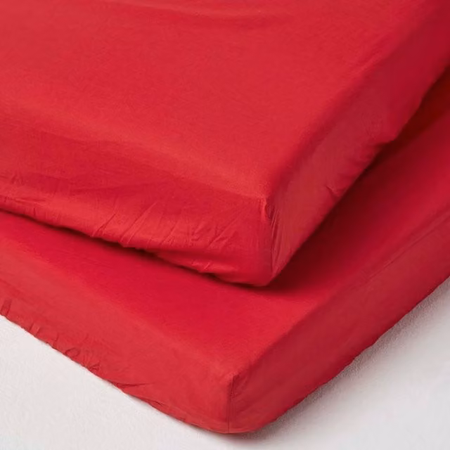 Homescapes 2 Pack Red Egyptian Cotton Percale Fitted Cot Sheets, 200 Thread Count