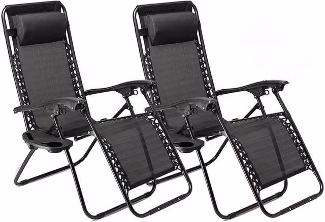 EONLION Set of 2 Zero Gravity Reclining Garden Chairs in Black with Adjustable Headrest and Textilene Fabric – 1