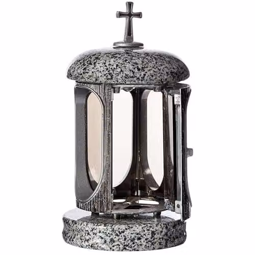 NOVECRAFTO Large Round Granite Memorial Lantern in Grey and Silver with Cross, H: 22 cm