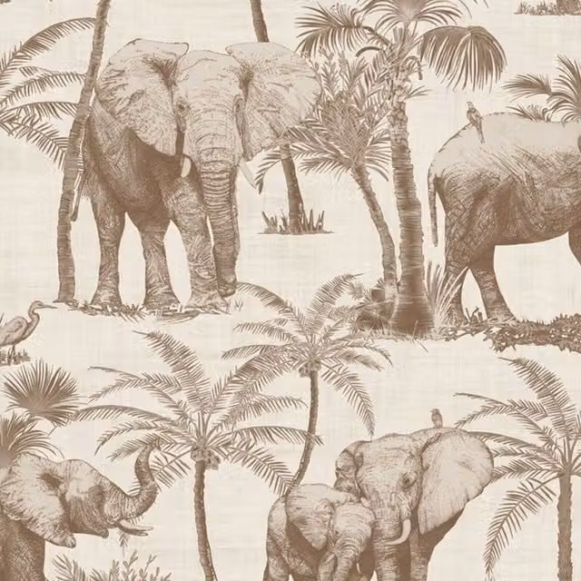 Arthouse Elephant and Palm Tree African Jungle Wallpaper in Brown, Beige and Silver
