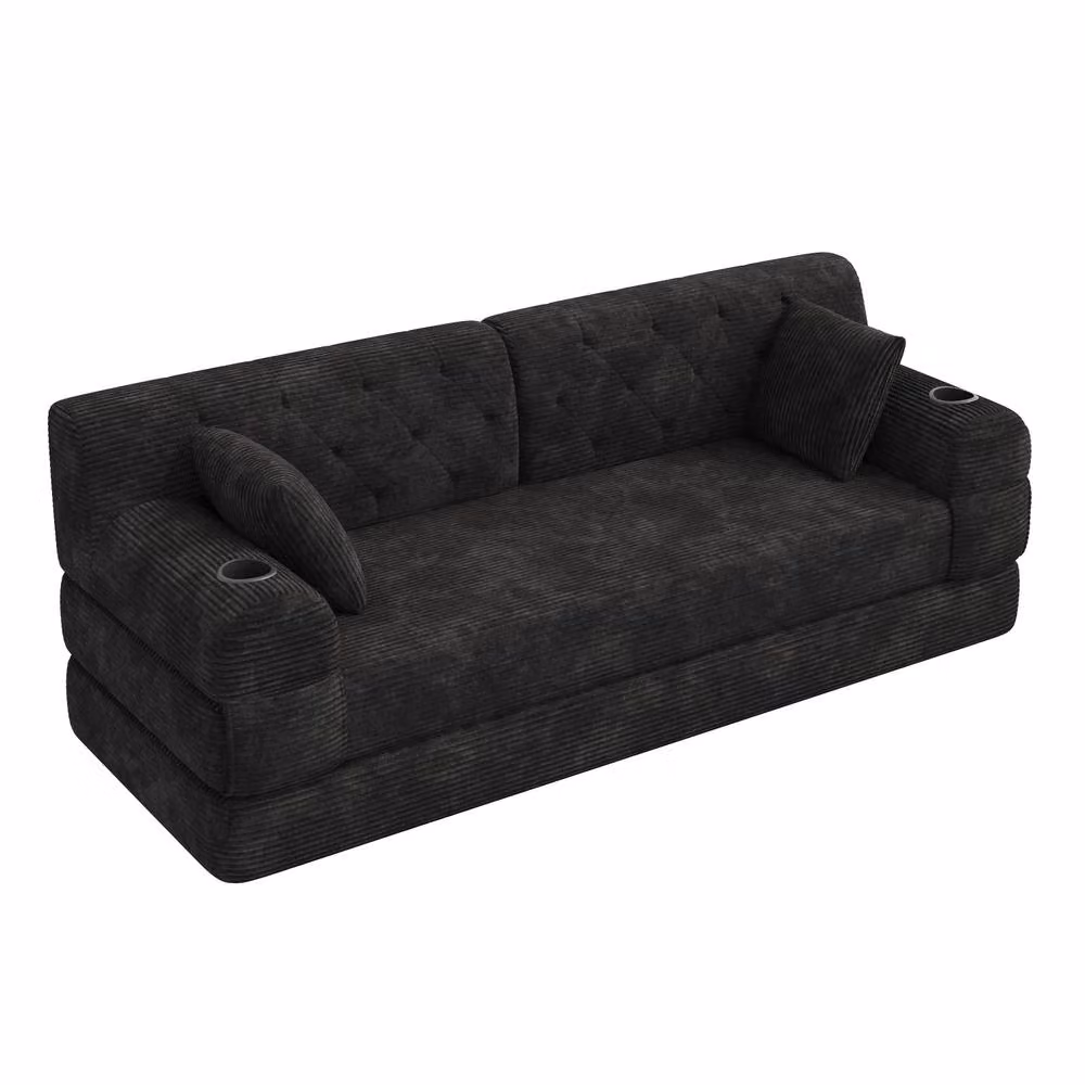 Matteo Black 3-Seater Corduroy Sleeper Sofa with Cup Holders and Metal Frame – 4