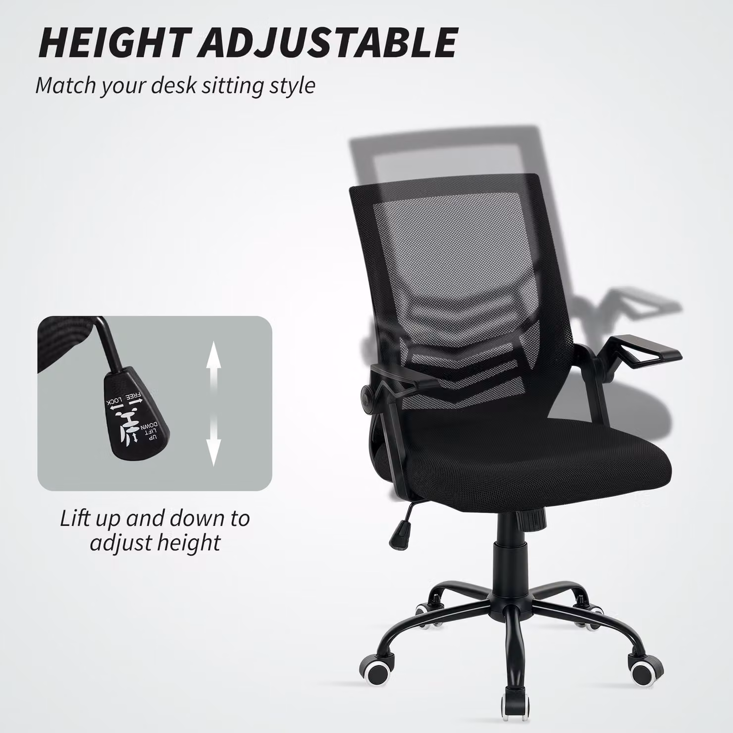 Vinsetto Mesh Office Task Chair with Flip-up Armrests and Lumbar Support in Black – 4