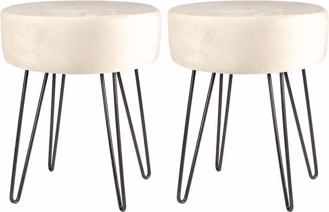 Harbour Housewares Set of 2 Round Velvet Footstools in Beige and Yellow with Black Metal Legs