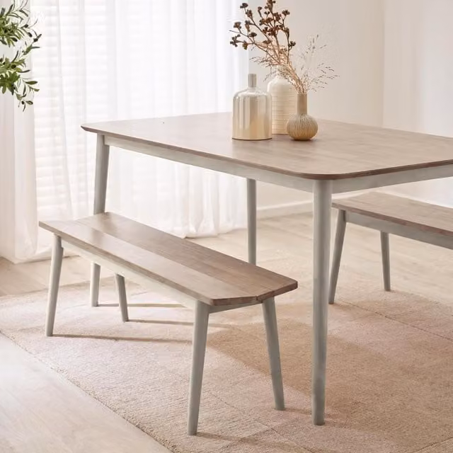 FurnitureboxUK Lynton Whitewashed Grey Solid Rubberwood Large Dining Bench in White and Grey