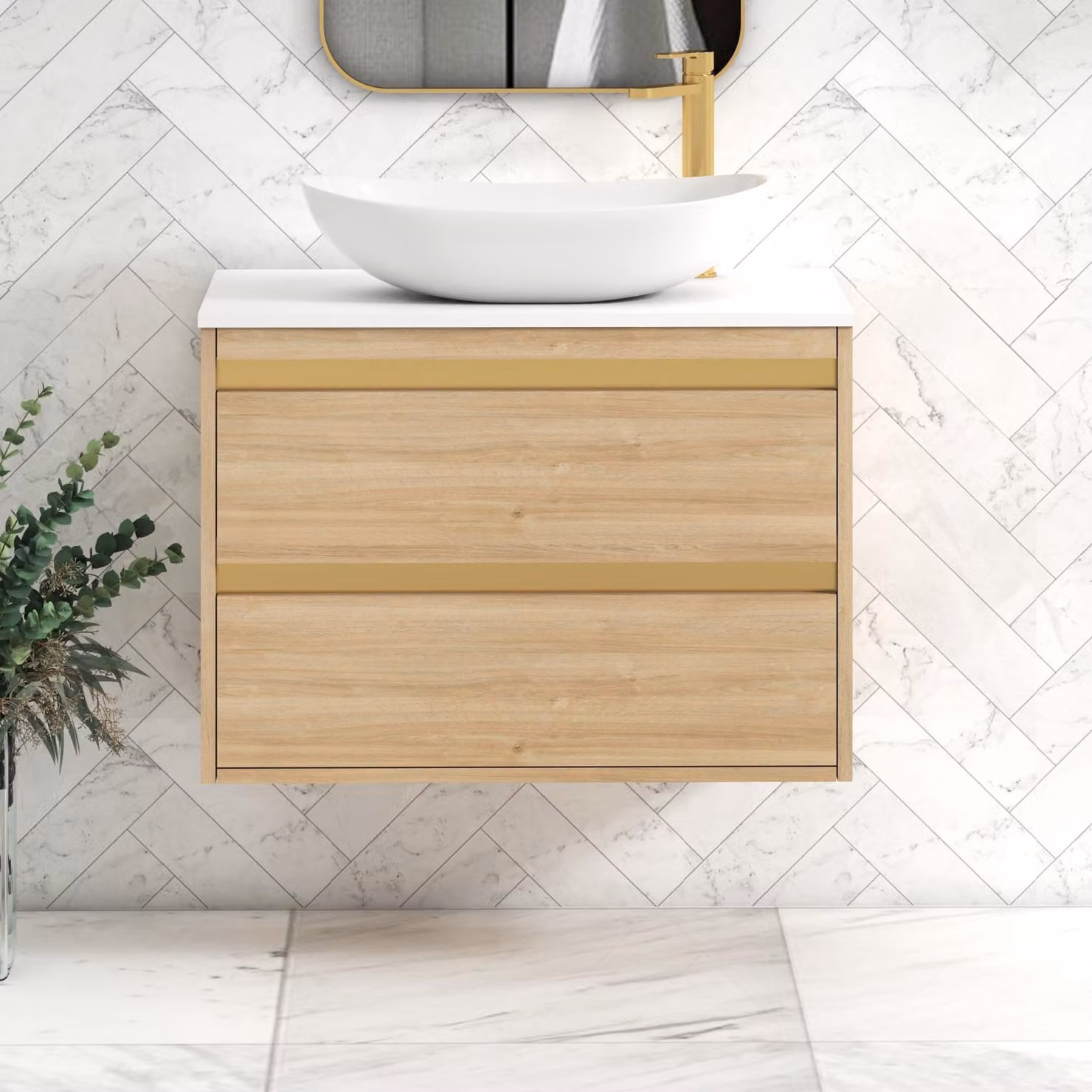 Royal Bathrooms Orion 800mm Natural Oak Wall Hung Vanity Unit with 2 Drawers, Plain White Countertop, Cesar Basin and Brushed Brass Accent Trim