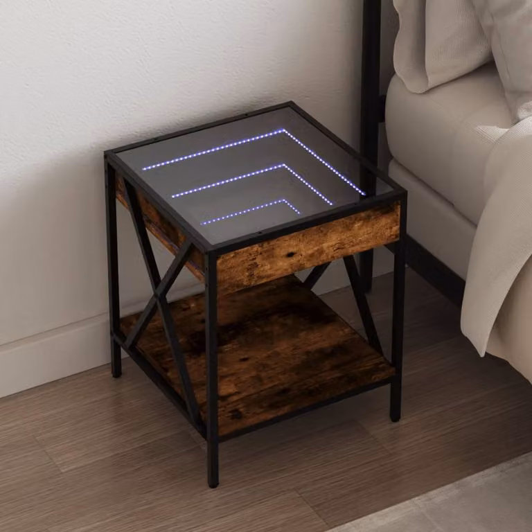 Berkfield Home Decorative Bedside Table with Infinity LED Lighting in Smoked Oak Brown, W/D/H: 40 x 40 x 49 cm