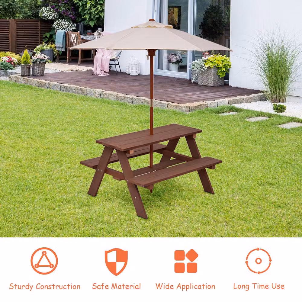 Costway 3 in 1 Childrens Outdoor Picnic Activity Table with Removable Umbrella in Brown – 3