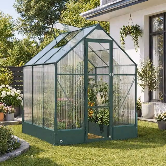 STILVORA Green Greenhouse with Raised Beds, Polycarbonate Panels and Temperature Controlled Window, W/D/H: 220 x 190 x 190 cm