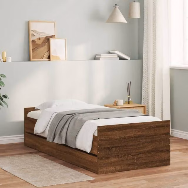 Berkfield Home Small Single Bed Frame in Brown Oak with Drawers, W: 75 cm, L: 190 cm – 1