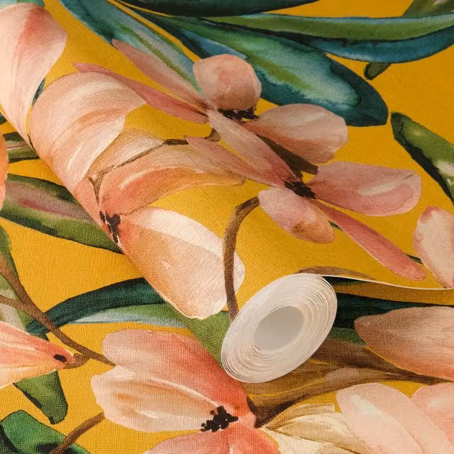 Rasch Magnolia Floral Self-Adhesive Textured Wallpaper in Yellow, Pink, Green and Gold – 1
