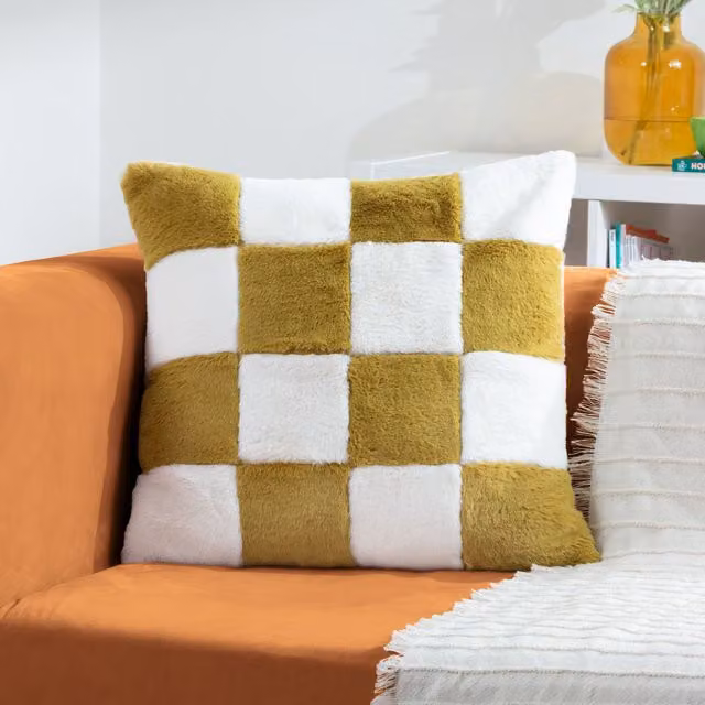 Heya Home Cozee Check Faux Fur Cushion in Green and White, W/D/H: 50 x 50 x 50 cm