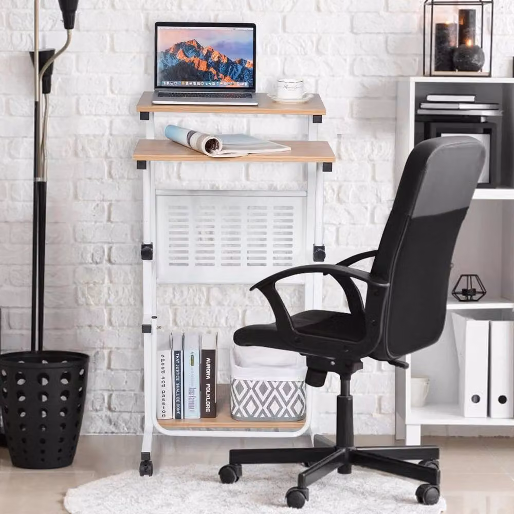 KORVIXA Height Adjustable Compact Stand Up Table and Printer Stand with Footrest in Light Oak, W/D/H: 100 x 100 x 100 cm – 2