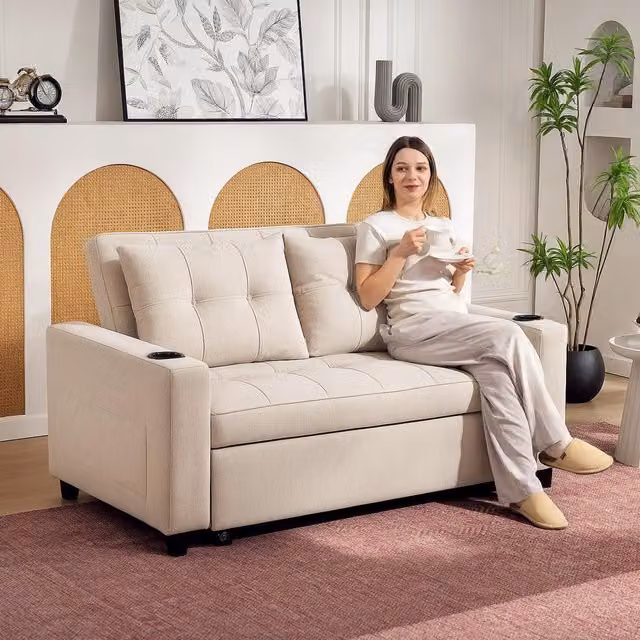 HOMCOM 2 Seater Pull Out Sofa Bed with Adjustable Headrest and Scatter Cushions, Beige Fabric – 1