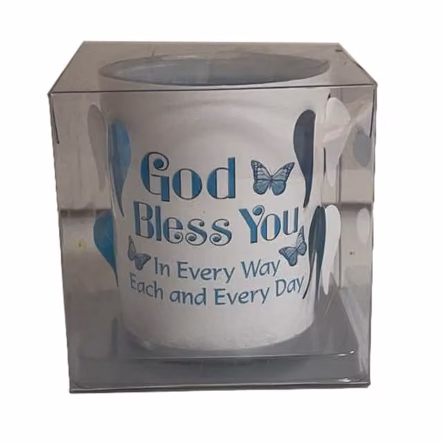 Sensations God Bless You Sentiment Ceramic Tealight Candle Holder in Multicolour and White