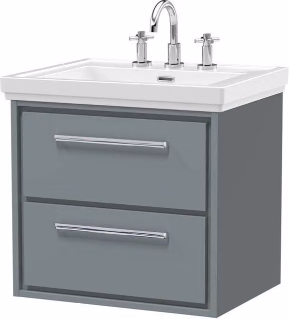 Balterley Modern Wall Hung 2-Drawer Bathroom Vanity Unit with Fireclay Basin, Grey, W: 60 cm – 1