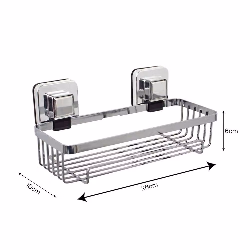 Showerdrape Pushloc Chrome Steel Suction Wall Mounted Rectangular Slatted Basket in Silver – 2