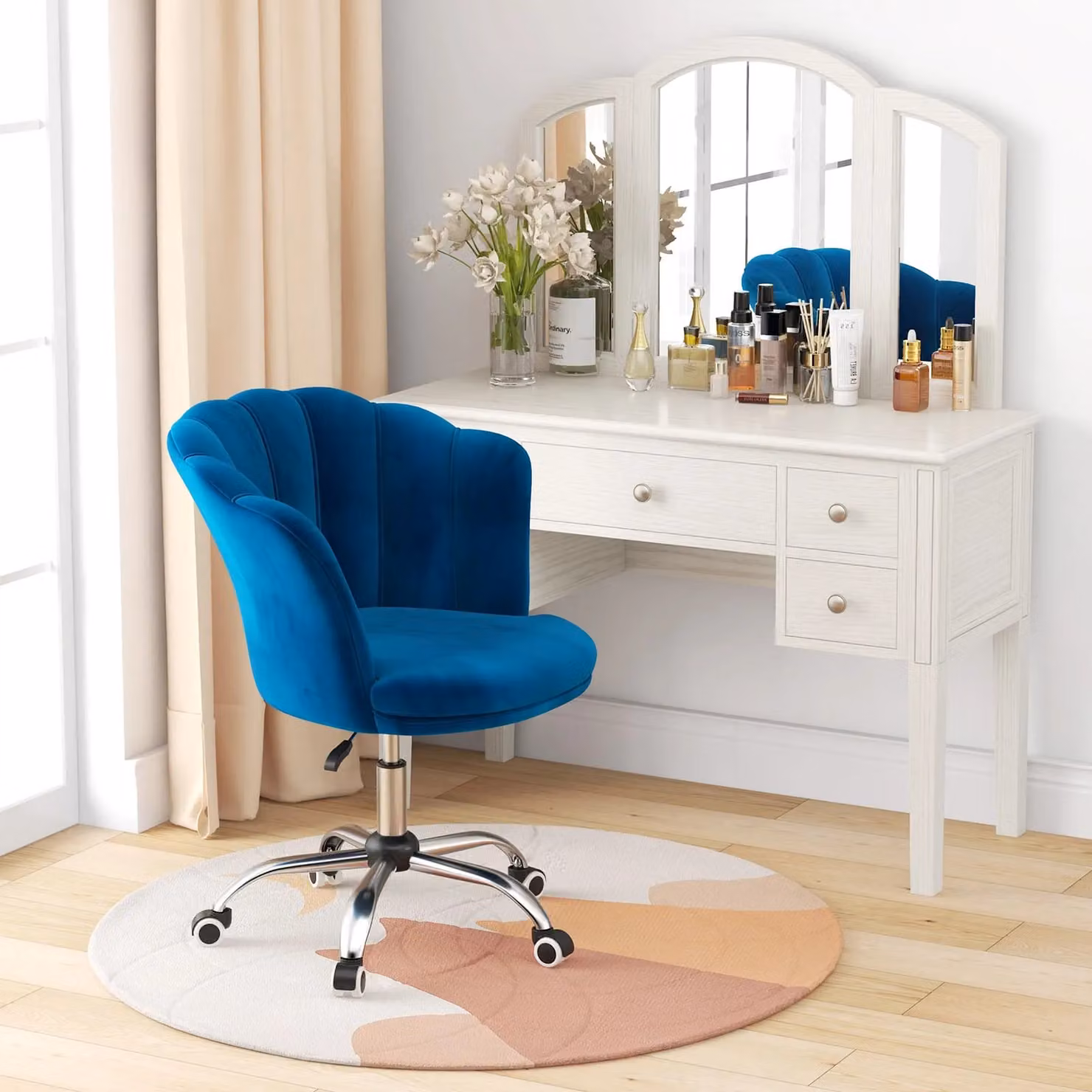 Gymax Adjustable Blue Velvet Upholstered Vanity Chair with Armrests and Castors – 3
