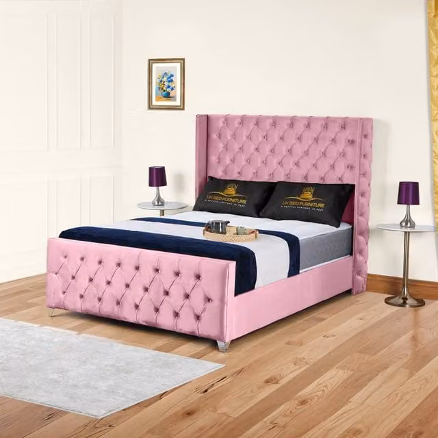 UK Bed Furniture Windsor Wingback Upholstered Velvet Slatted Bed in Pink, W/D/H: 180 x 200 cm – 1