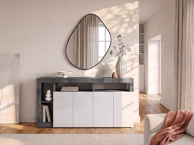 Vente-unique Modern 4-Door and 4-Compartment Buffet in Glossy White and Grey Concrete, W/D/H: 184 x 42 x 93 cm