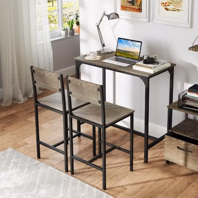 COSTWAY 3 Piece Industrial Bar Table Set with Metal Chairs in Grey