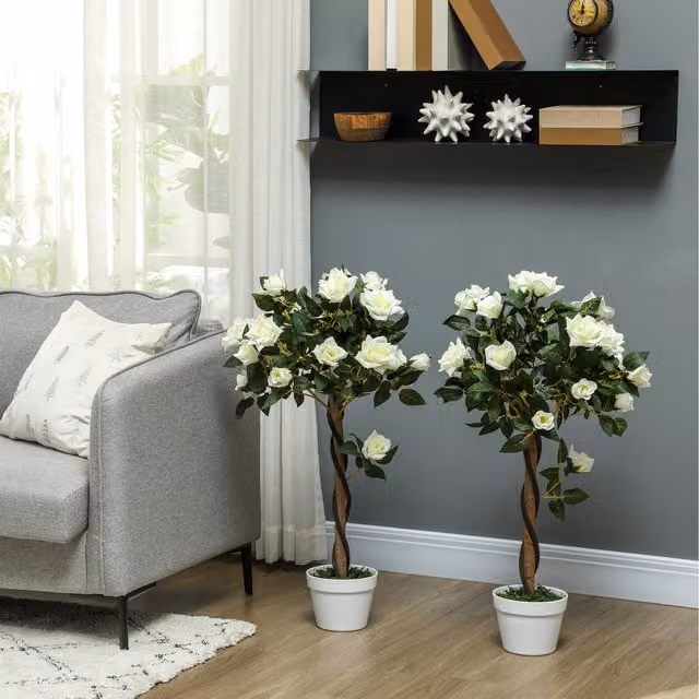 Outsunny Set of 2 White Artificial Rose Trees with Concrete Base