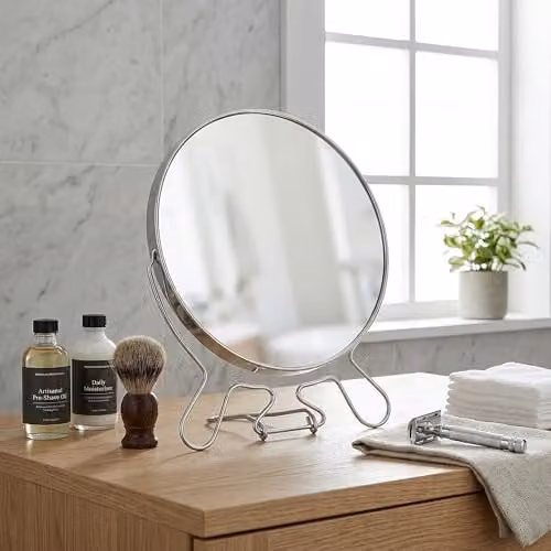 Premier Housewares Silver Effect Round 2-Sided Tabletop Shaving Mirror with Metal Stand – 3