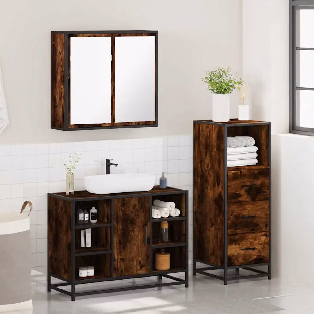 Berkfield Home 3 Piece Industrial Bathroom Furniture Set in Brown Smoked Oak – 4