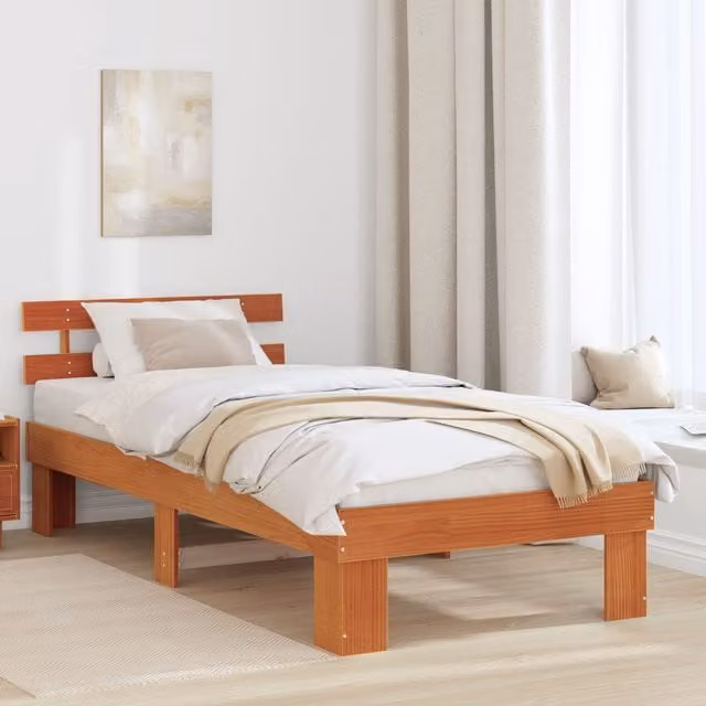 Berkfield Home Solid Wood Pine Bed Frame with Headboard in Wax Brown W/D/H: 90 x 200 x 73 cm – 1