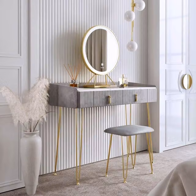 CARME Tokyo Glow Velvet Dressing Table with LED Touch Sensor Mirror in Dove Grey