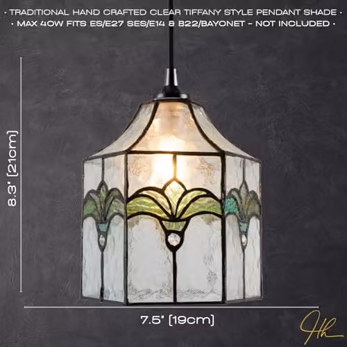 Happy Homewares Classic Lantern Tiffany Pendant Light Shade with Transparent Glass and Green Accents, W: 19 cm, D: 19 cm, H: 21 cm – 2