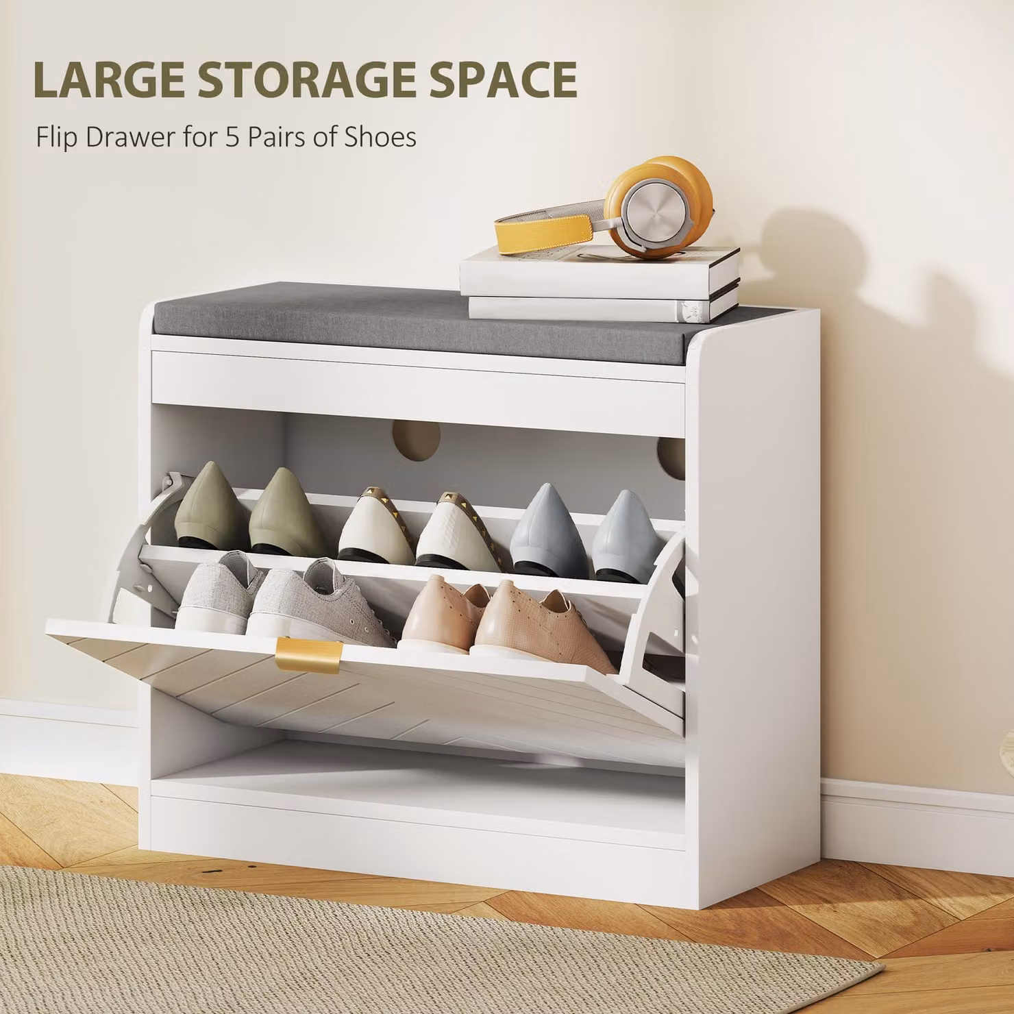 HOMCOM Upholstered Shoe Storage Bench with Flip Drawer and Vents in White – 2