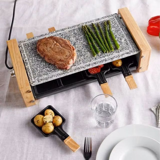 VonShef Electric 8 Person Raclette Grill and Natural Stone with Stoneware in Black