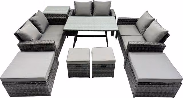 Fimous 10 Seater Outdoor Dining Set with Double Seat Sofa, 4 Stools and Side Table in Dark Grey – 1