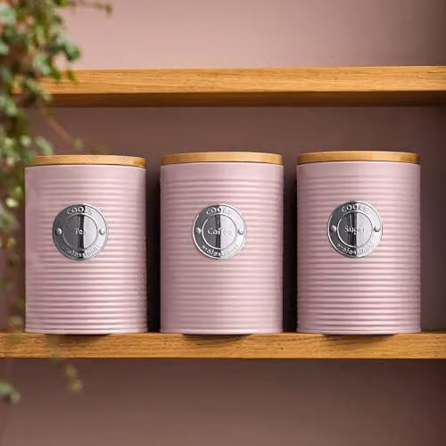 Cooks Professional 5 Piece Ribbed Tea Coffee Sugar Bread and Biscuit Canister Set with Airtight Bamboo Lids in Pink and Silver – 4