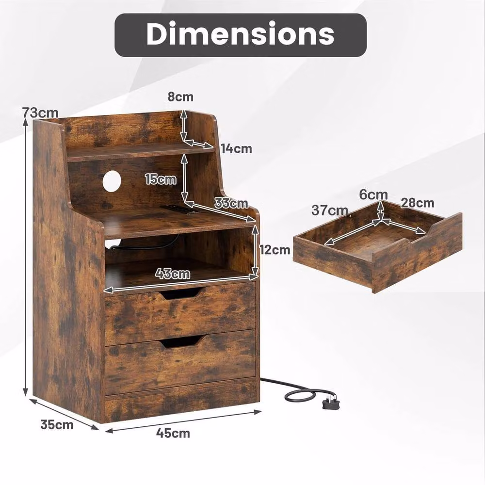 Kelvenix Modern 2-Drawer Bedside Table with Charging Station and Integrated Lighting in Brown – 2