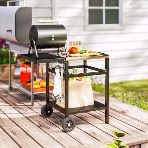Outsunny Black Foldable BBQ Trolley and Pizza Oven Side Table with Wheels – 8