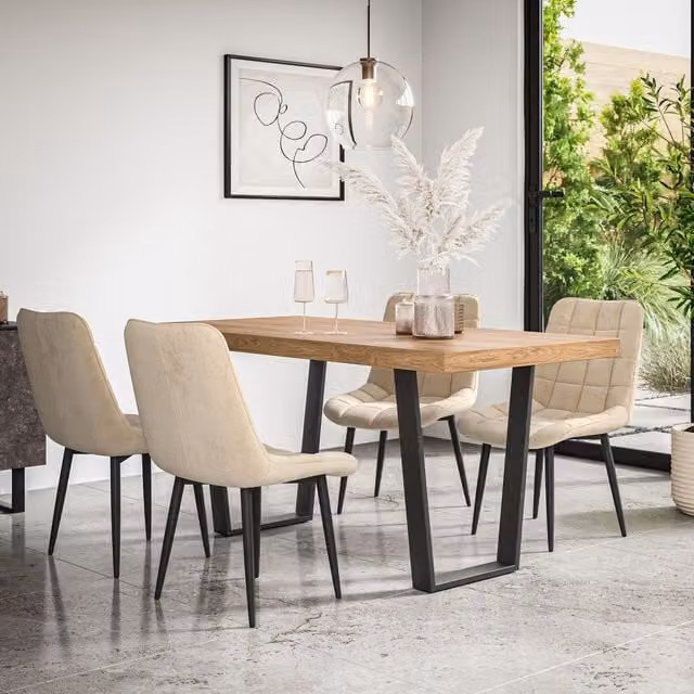 More4Homes Aria Dining Table and 6 Nova Grey Velvet Dining Chairs Set with Oak Effect Top and Black Legs – 1