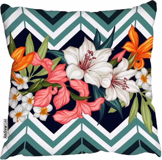 Benjamin Tate Design LTD Tropical Leaves and Flowers Square Cushion, Green and Multicolour, W: 45 cm