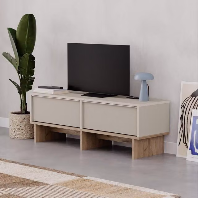 HOCUS PICUS TV Stand Cabinet in Sand, Beige and Oak, W: 118 cm, D: 40.8 cm, H: 35 cm – 1