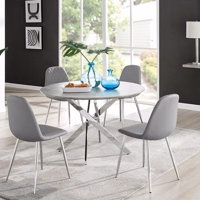 FurnitureboxUK Novara Grey Concrete Round Dining Table and 4 Corona Silver Leg Chairs Set