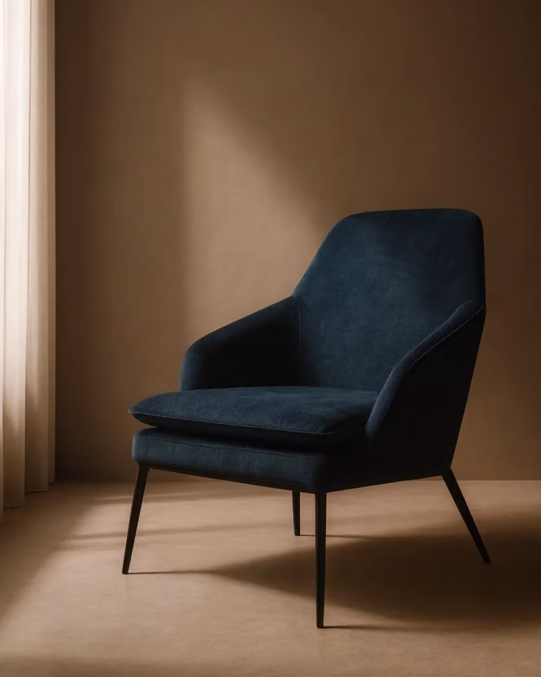 Tommy Franks Stretti Lounge Chair in Deep Ocean Blue Velvet Fabric with Metal Frame