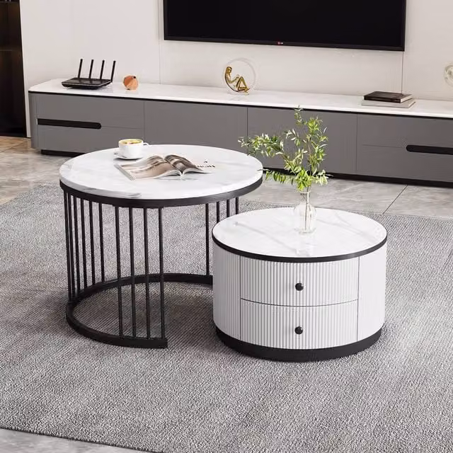Merax Modern Round Nesting Coffee Table Set of 2 in White Glossy Finish