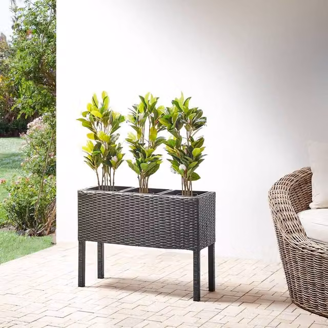 Wyld and Coco Black PE Rattan Raised Planter Box with 3 Removable Inserts